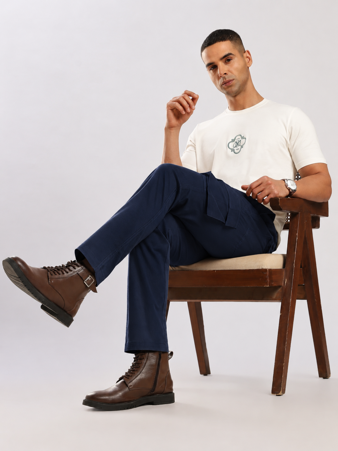 Navy Cotton Regular Fit Cargo Pant