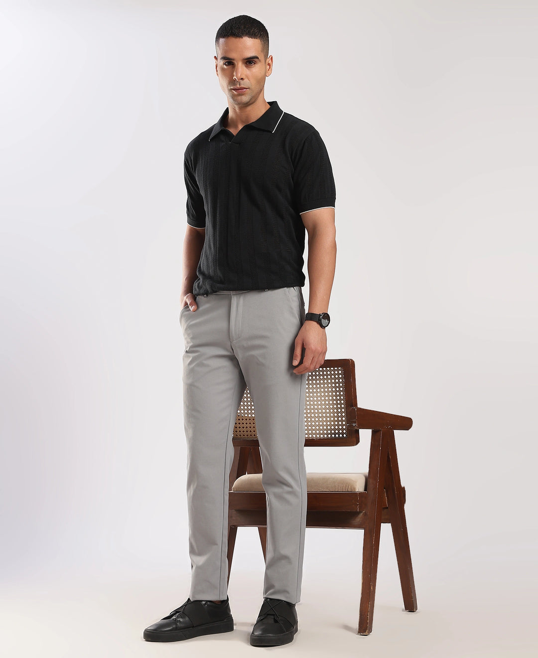 Light Grey Cotton Regular Fit Travel Pant