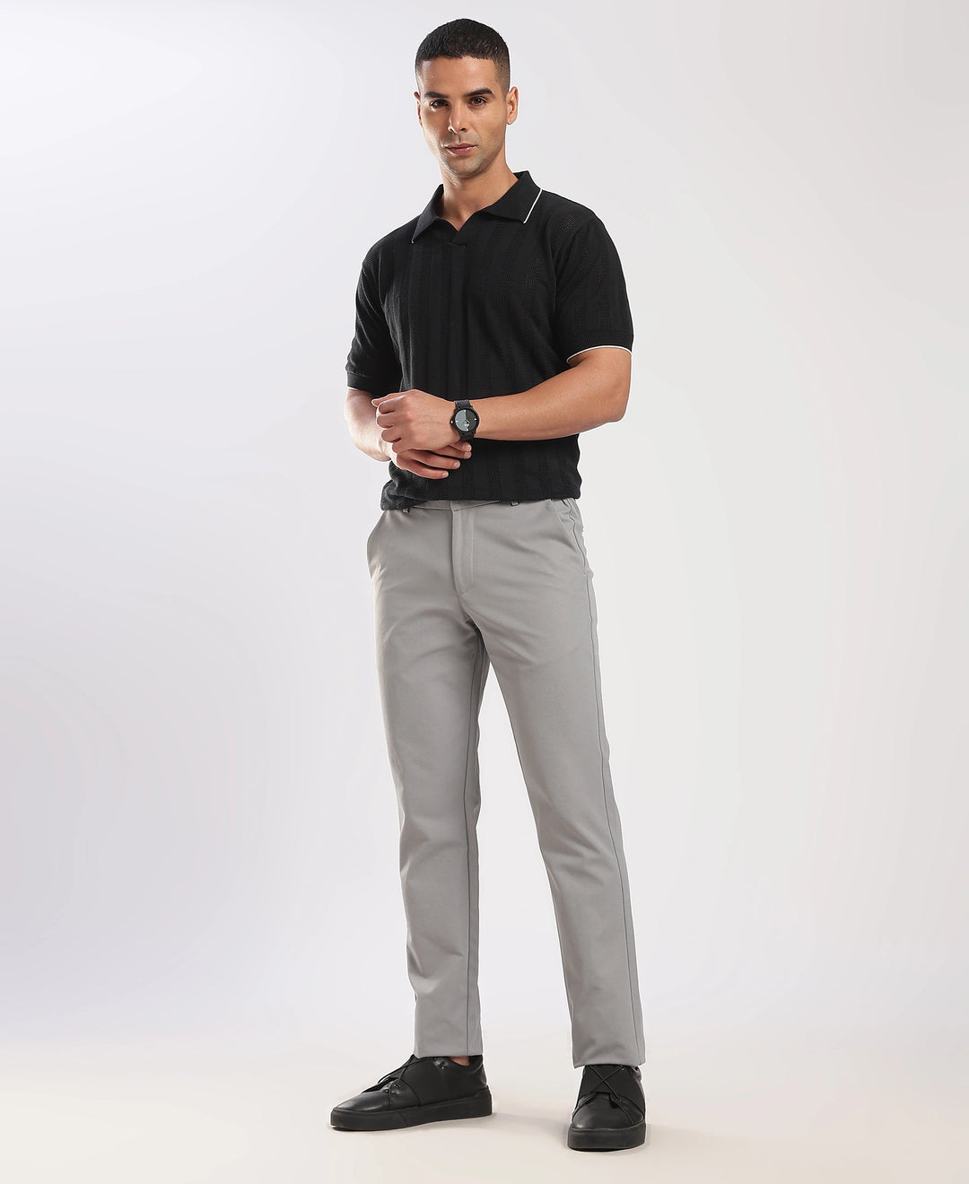 Light Grey Cotton Regular Fit Travel Pant