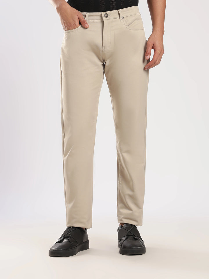 Beige Cotton Regular Fit Trouser