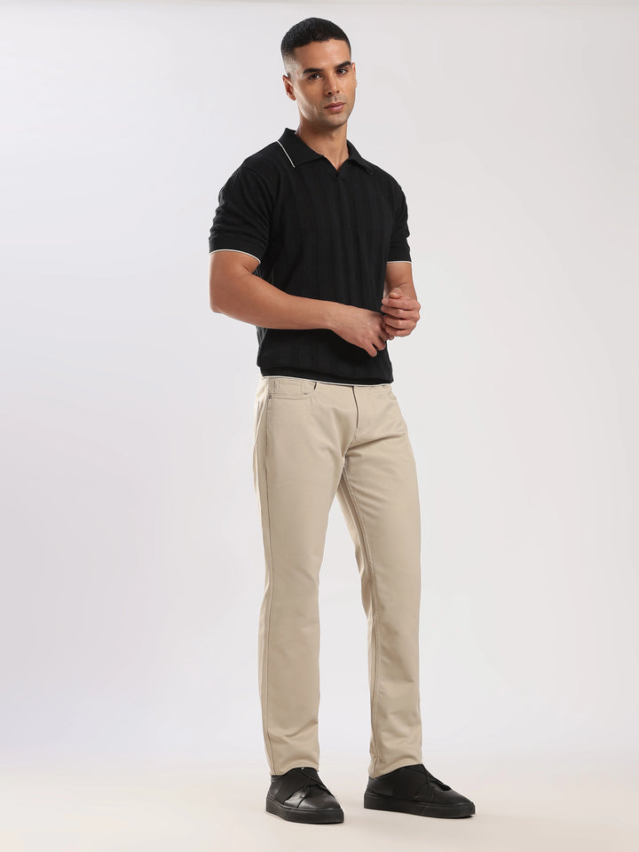 Beige Cotton Regular Fit Trouser