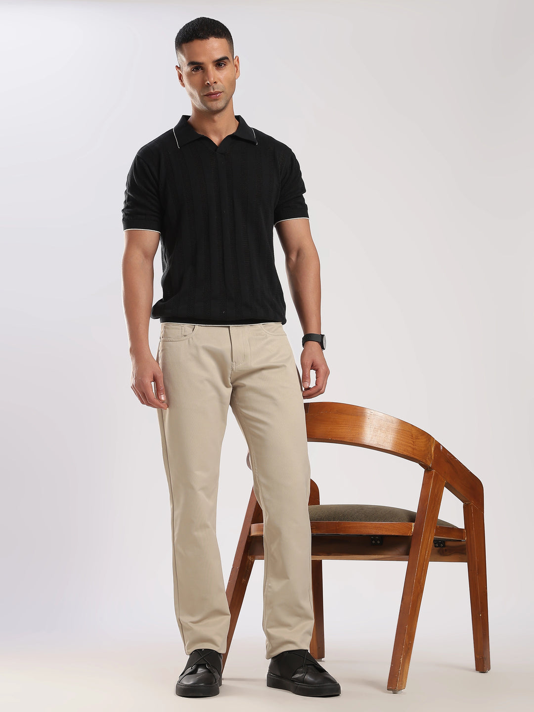 Beige Cotton Regular Fit Trouser