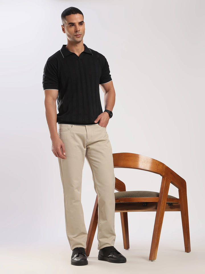 Beige Cotton Regular Fit Trouser