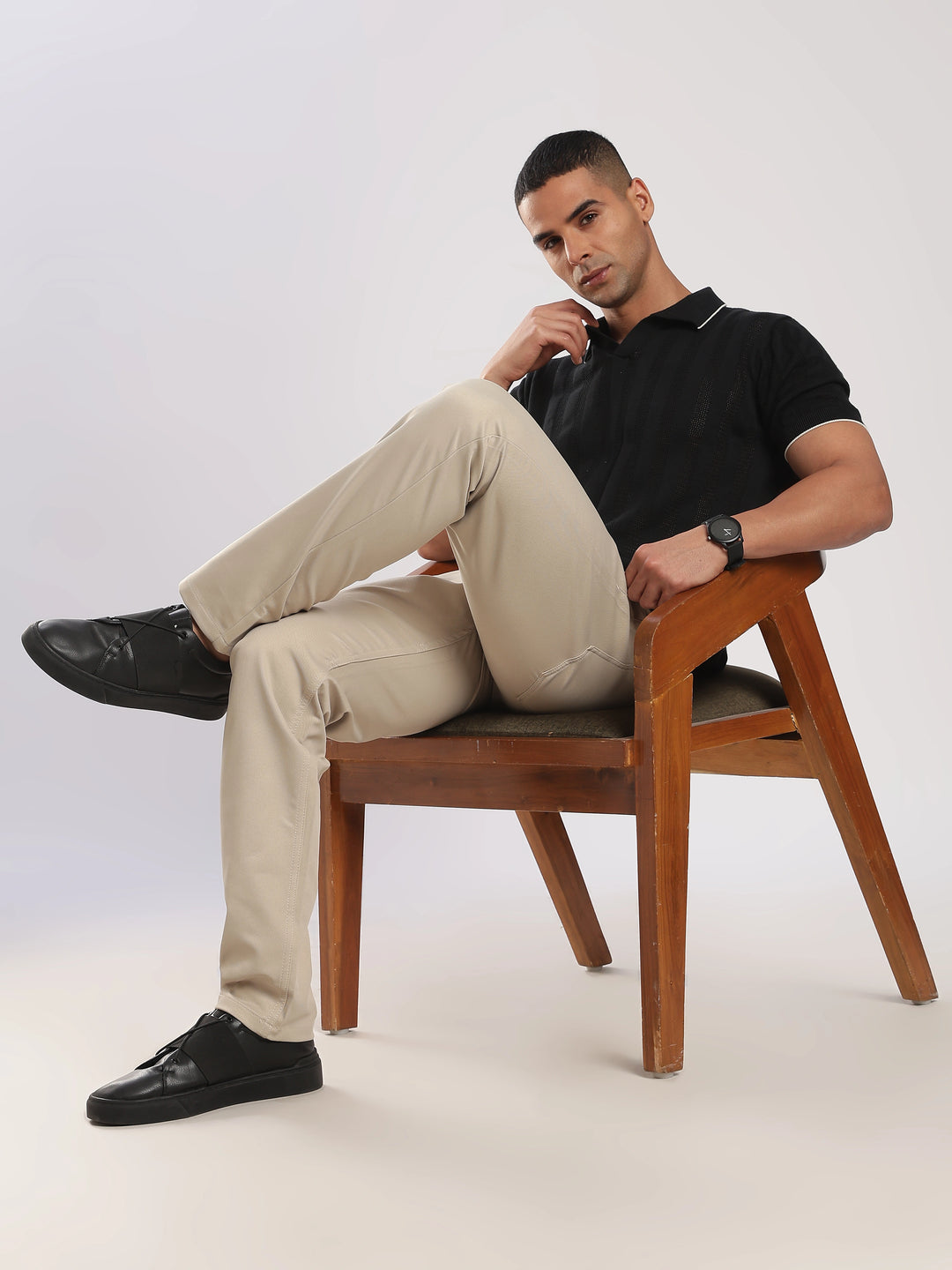 Beige Cotton Regular Fit Trouser