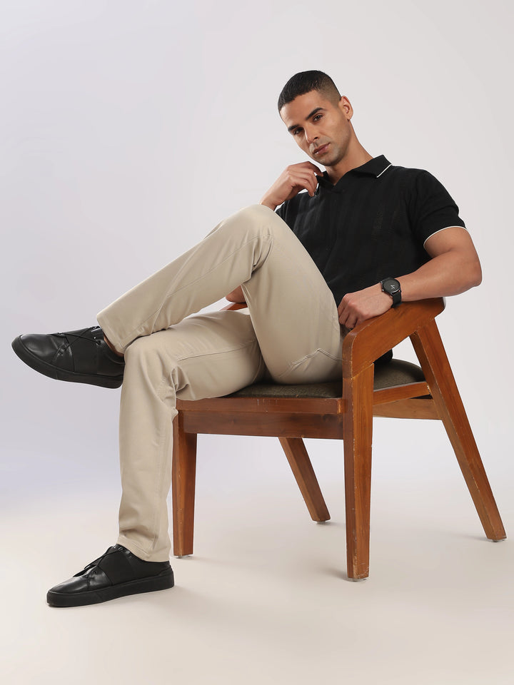 Beige Cotton Regular Fit Trouser