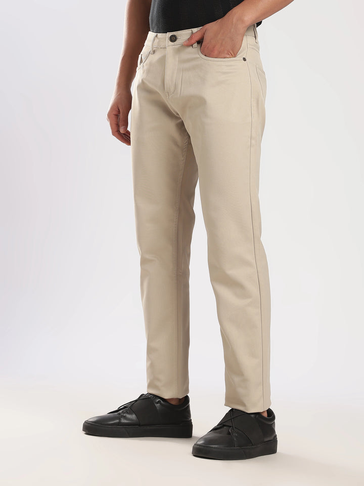 Beige Cotton Regular Fit Trouser