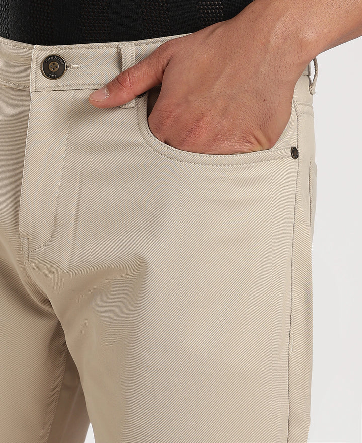 Beige Cotton Regular Fit Trouser