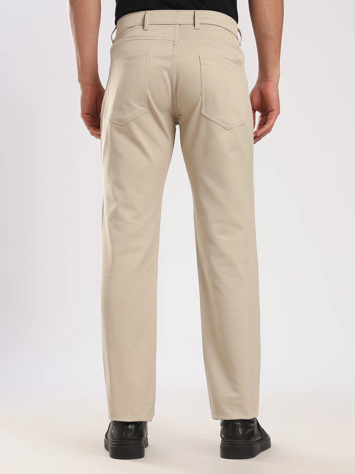 Beige Cotton Regular Fit Trouser