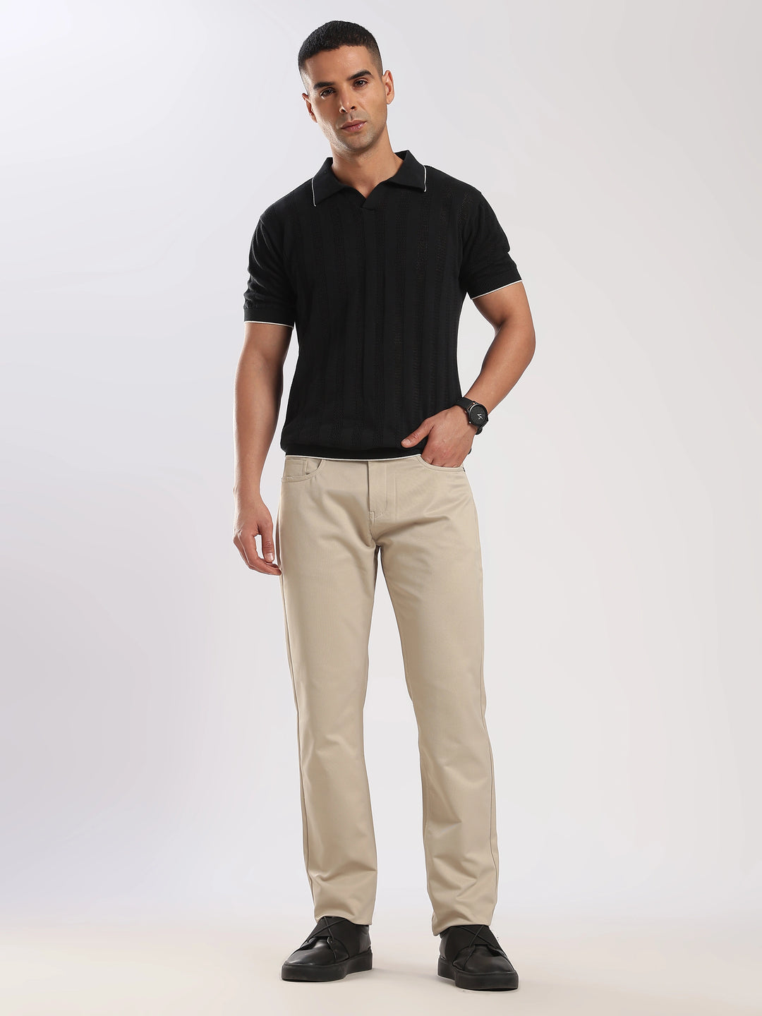 Beige Cotton Regular Fit Trouser