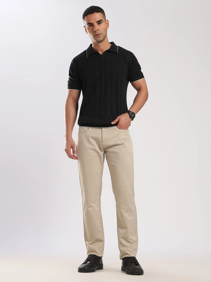 Beige Cotton Regular Fit Trouser