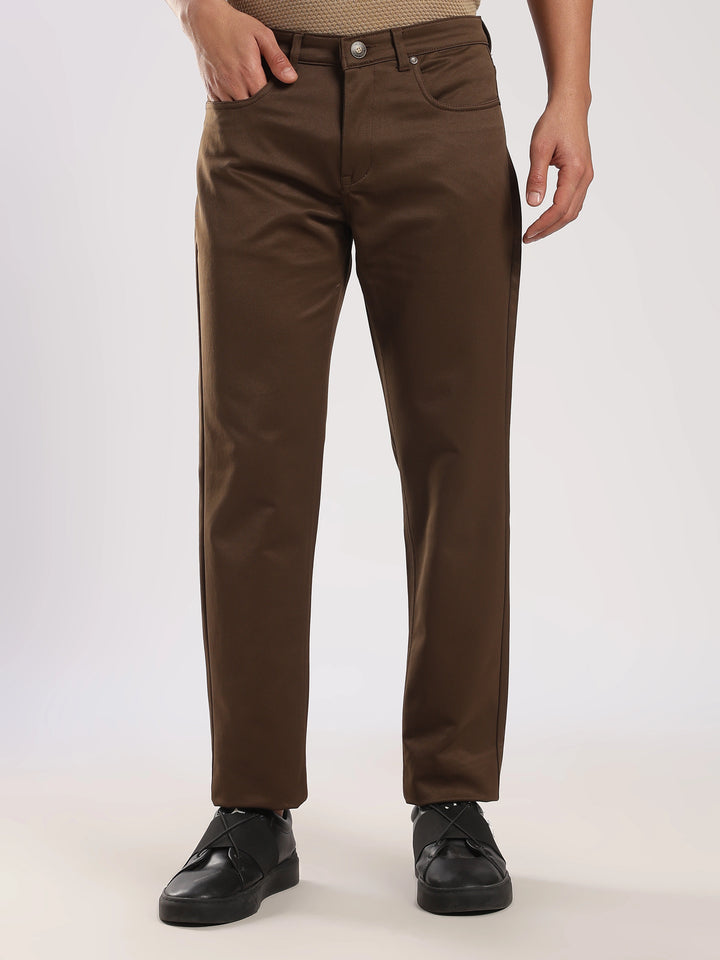 Brown Cotton Regular Fit Trouser