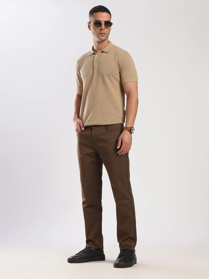 Brown Cotton Regular Fit Trouser