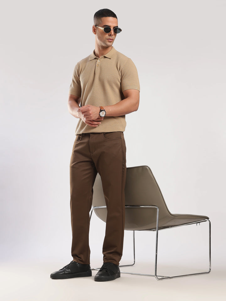 Brown Cotton Regular Fit Trouser