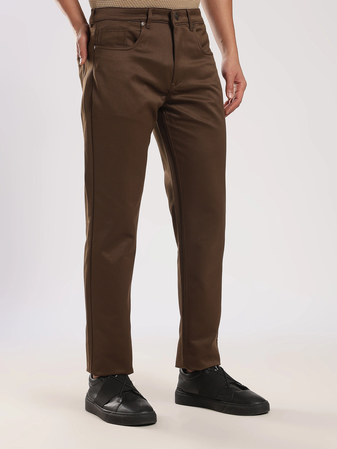 Brown Cotton Regular Fit Trouser
