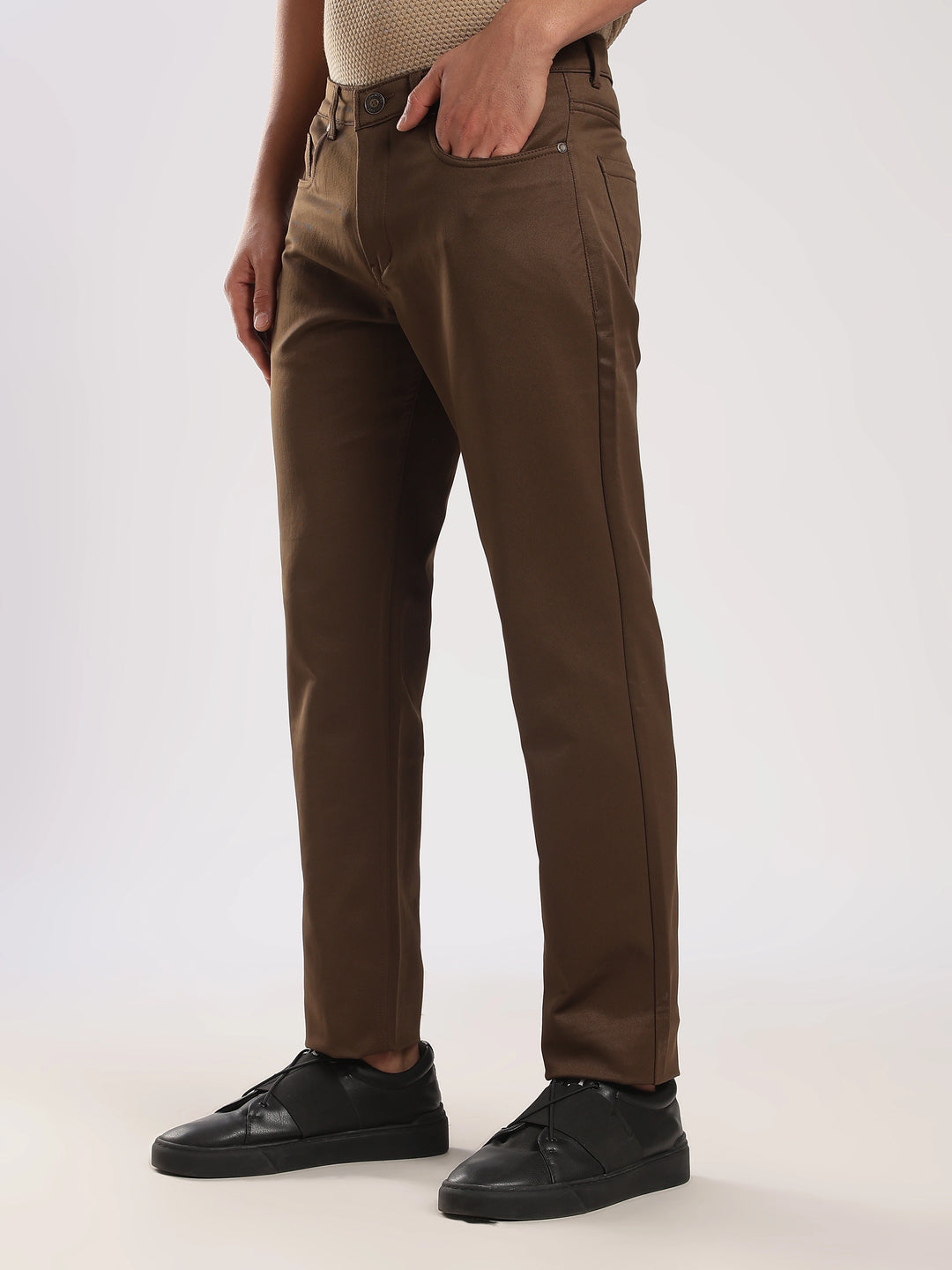 Brown Cotton Regular Fit Trouser