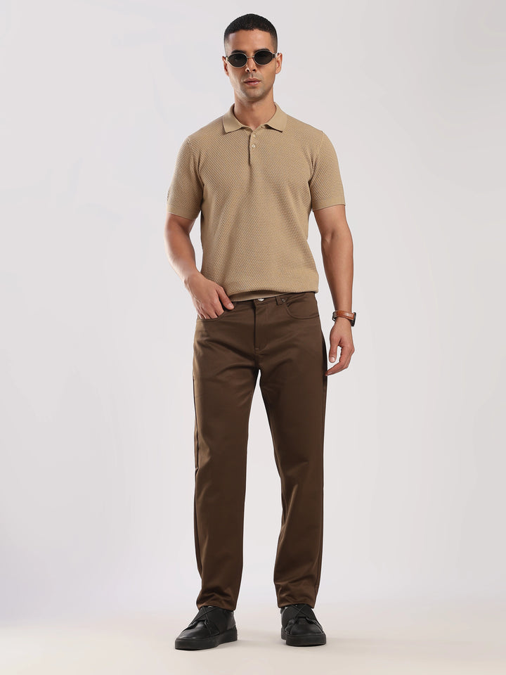 Brown Cotton Regular Fit Trouser
