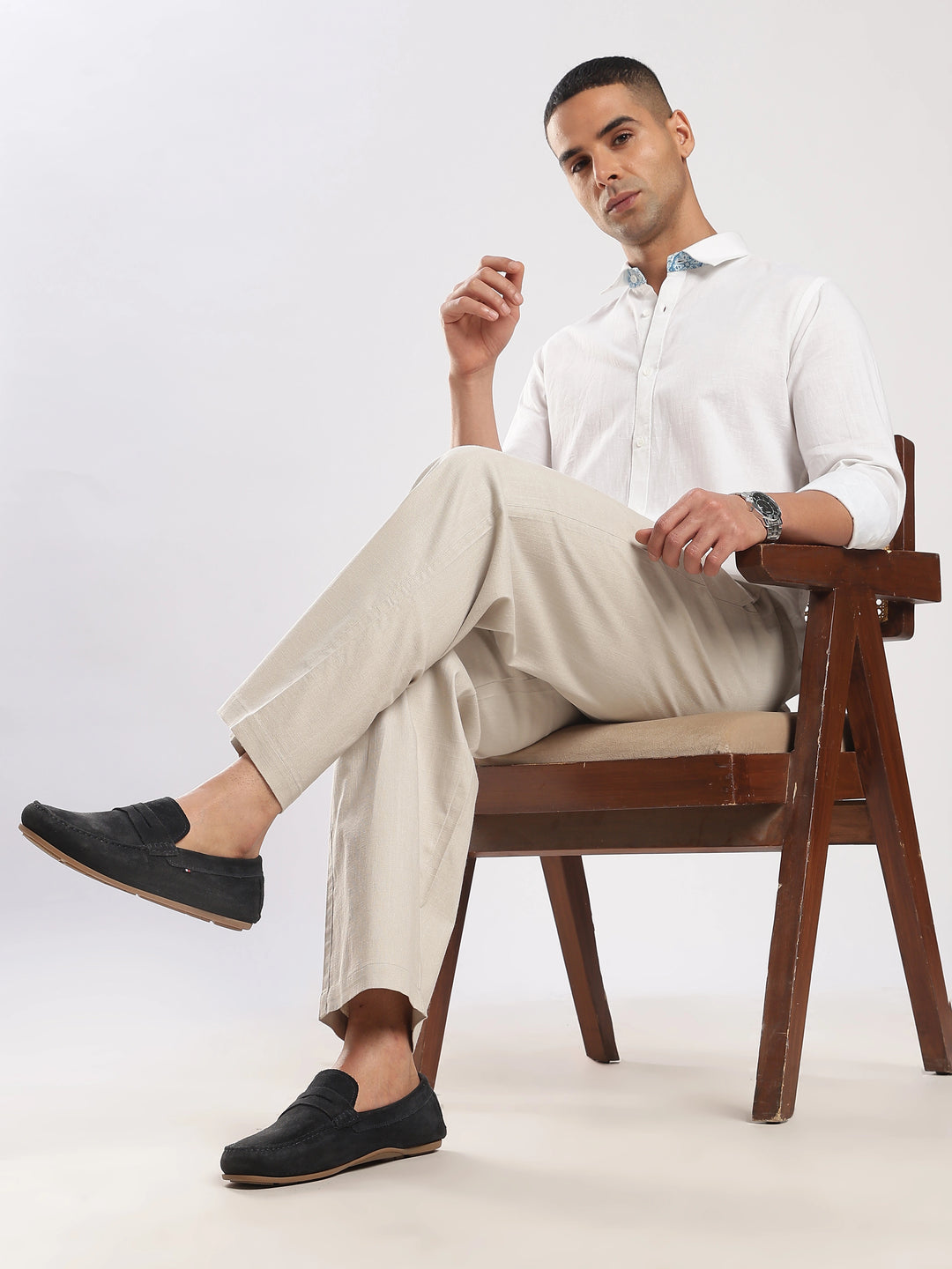 Beige Regular Fit Linen Trouser