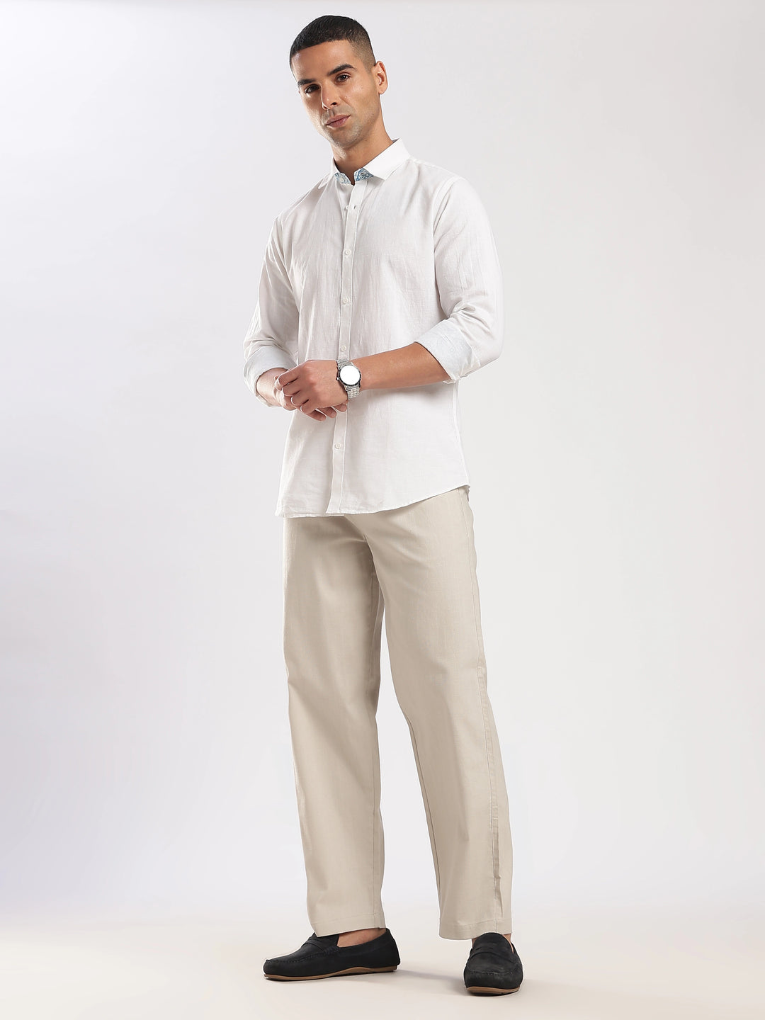 Beige Regular Fit Linen Trouser