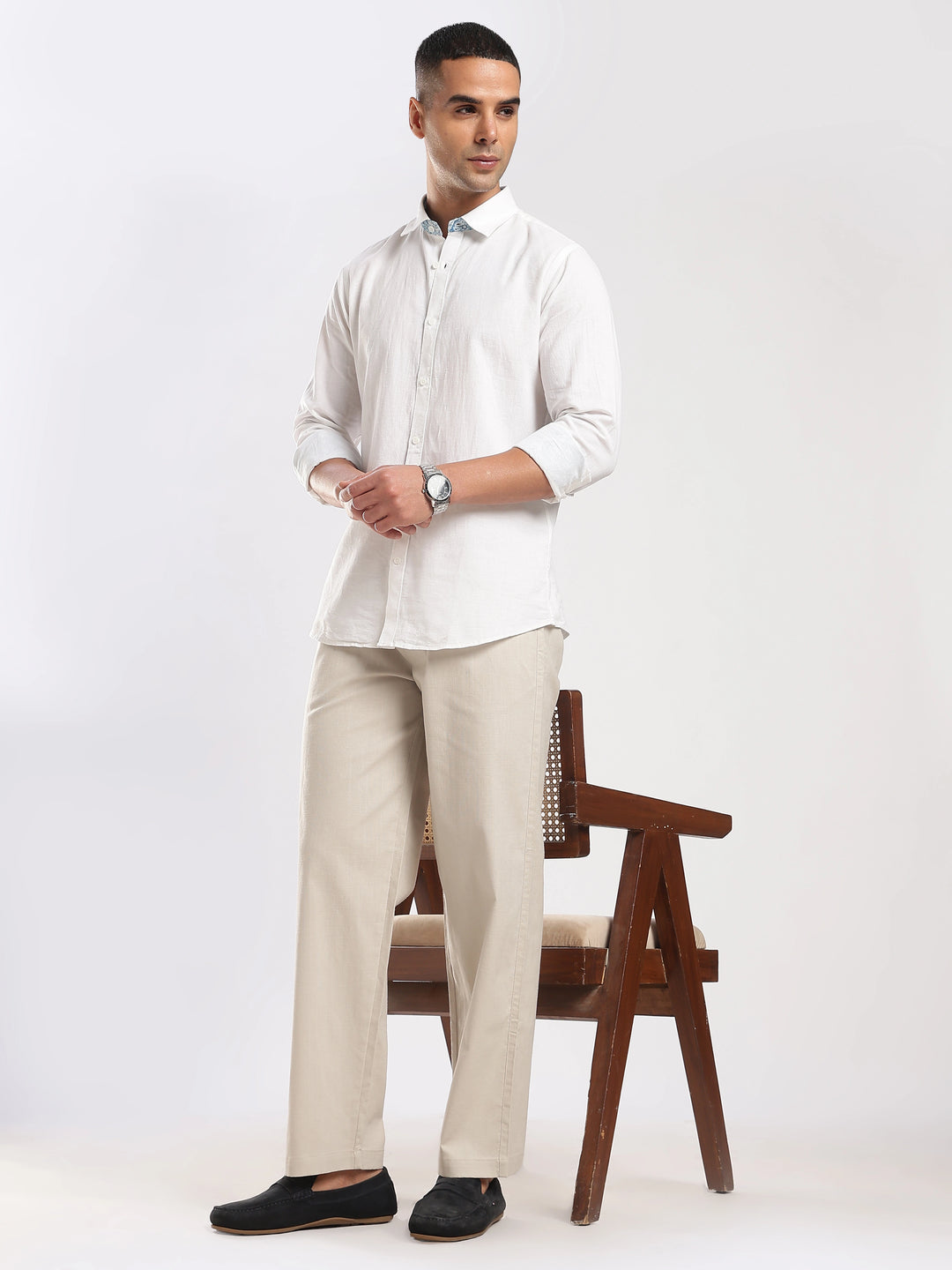 Beige Regular Fit Linen Trouser