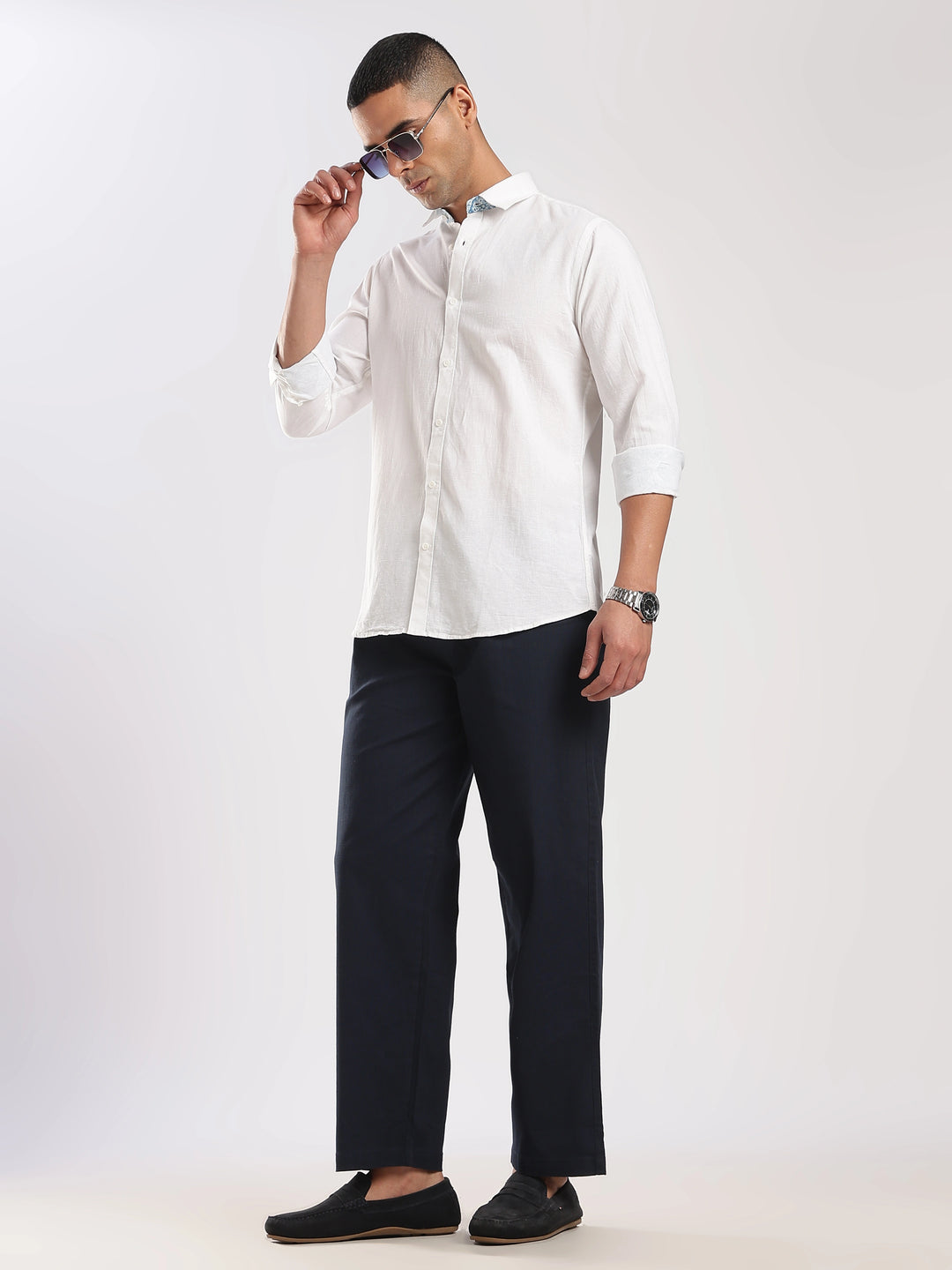 Navy Regular Fit Linen Trouser