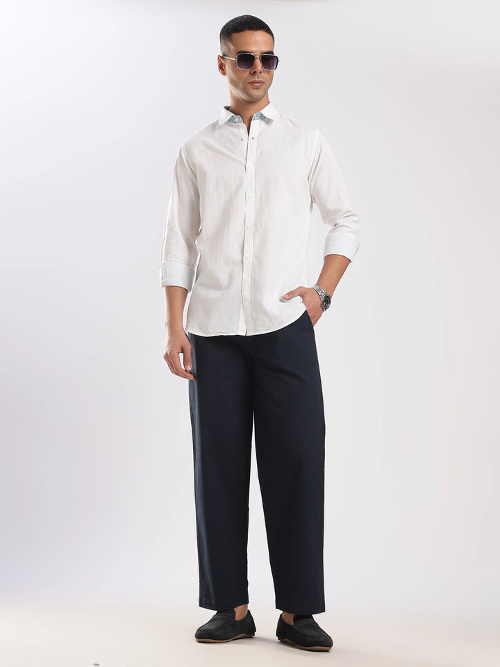 Navy Regular Fit Linen Trouser