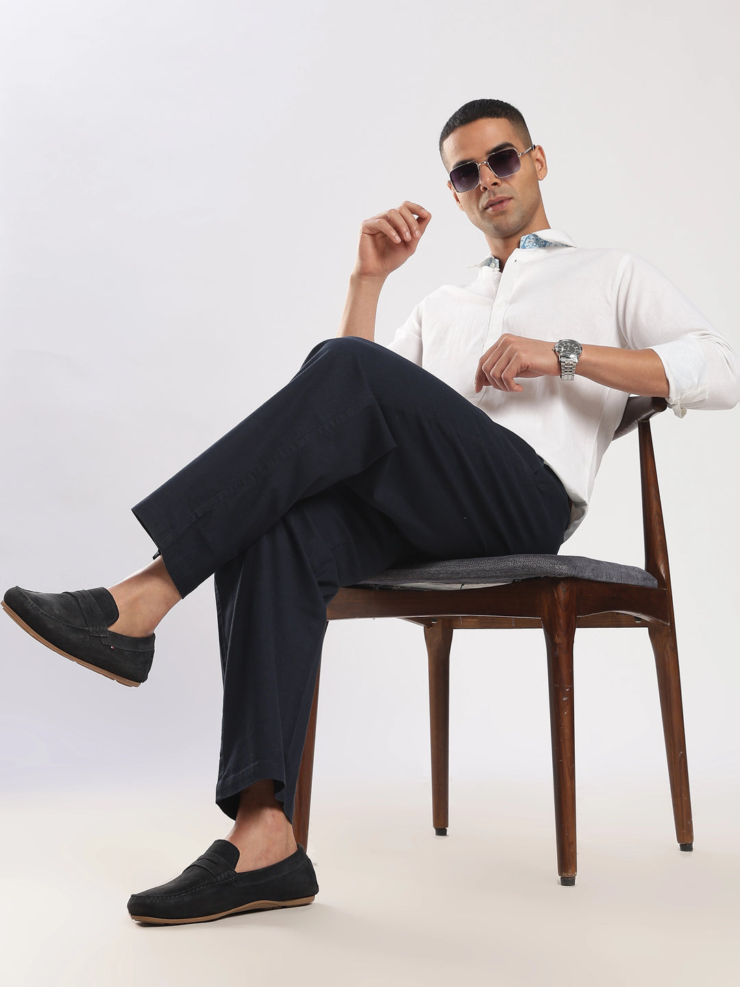 Navy Regular Fit Linen Trouser