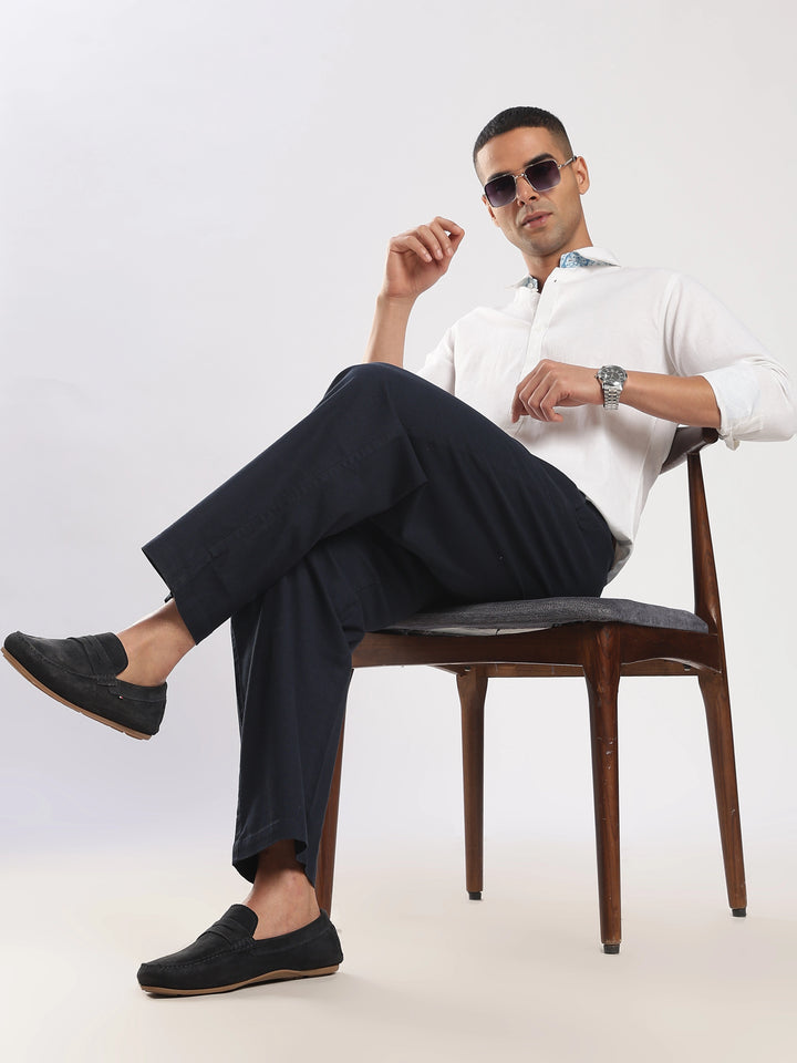 Navy Regular Fit Linen Trouser