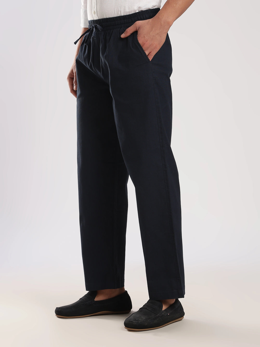 Navy Regular Fit Linen Trouser