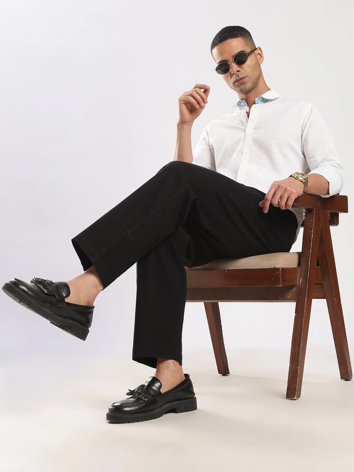 Black Regular Fit Linen Trouser