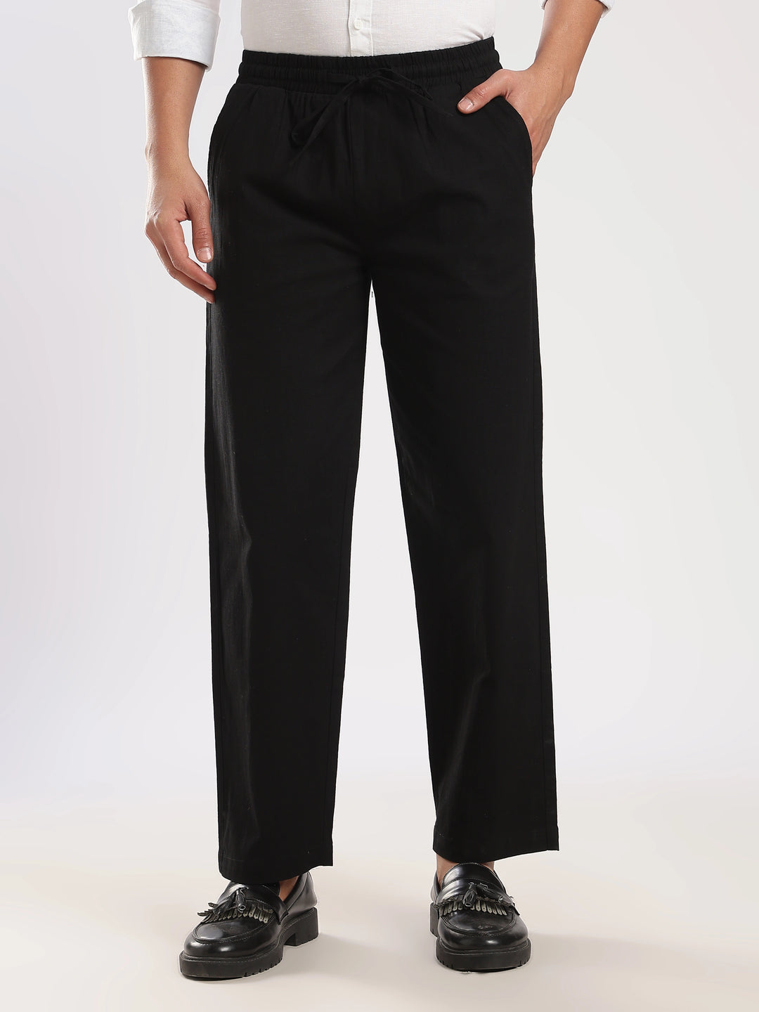 Black Regular Fit Linen Trouser