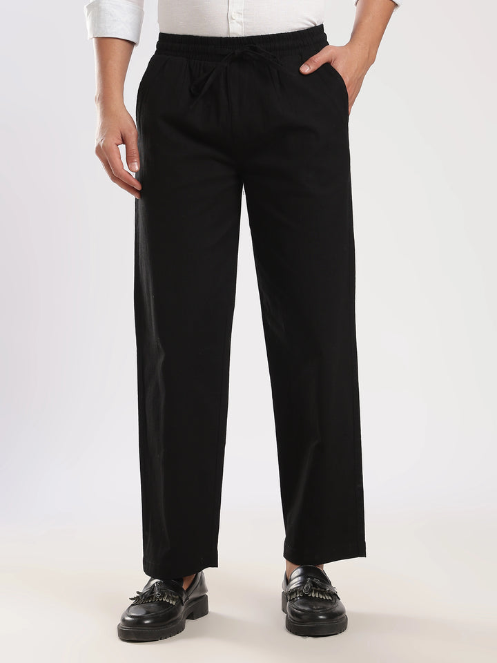 Black Regular Fit Linen Trouser