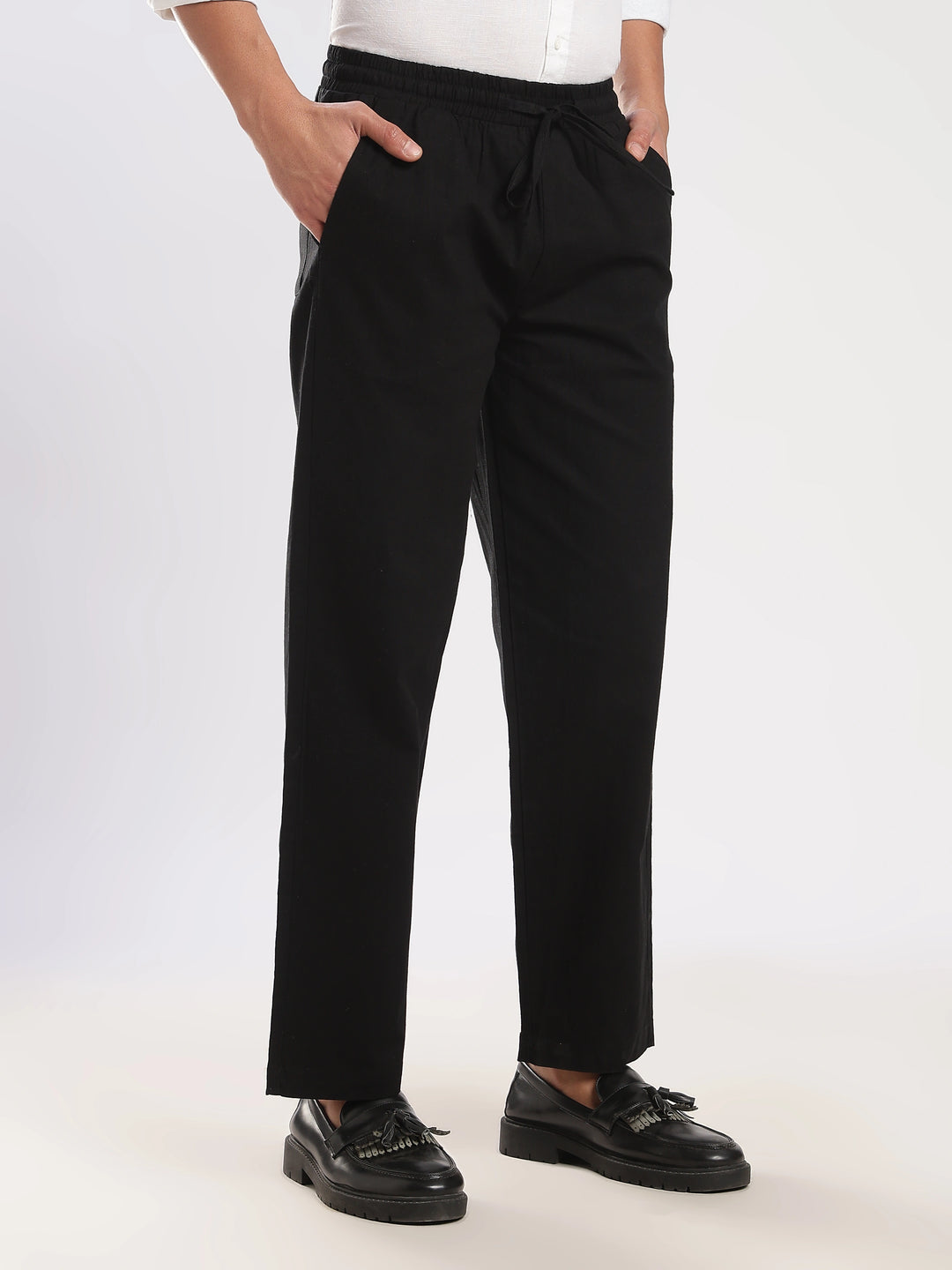 Black Regular Fit Linen Trouser