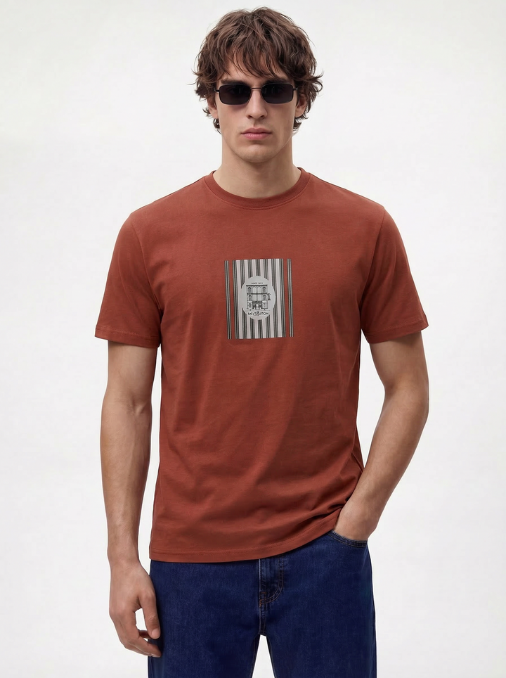 Rust Cotton Boxy Fit Printed Round Neck T-Shirt
