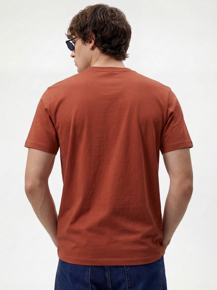 Rust Cotton Boxy Fit Printed Round Neck T-Shirt