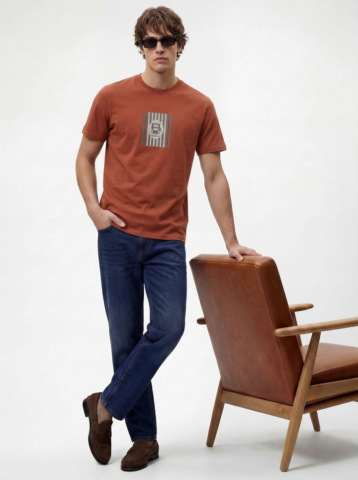 Rust Cotton Boxy Fit Printed Round Neck T-Shirt