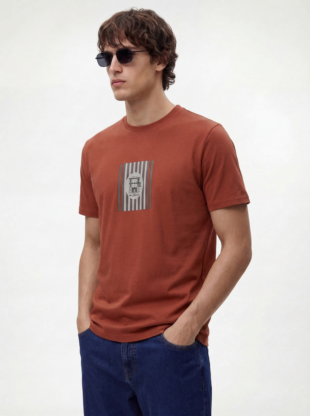 Rust Cotton Boxy Fit Printed Round Neck T-Shirt