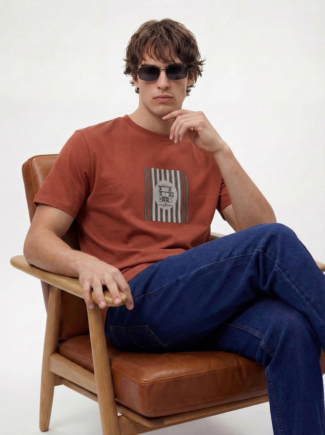 Rust Cotton Boxy Fit Printed Round Neck T-Shirt