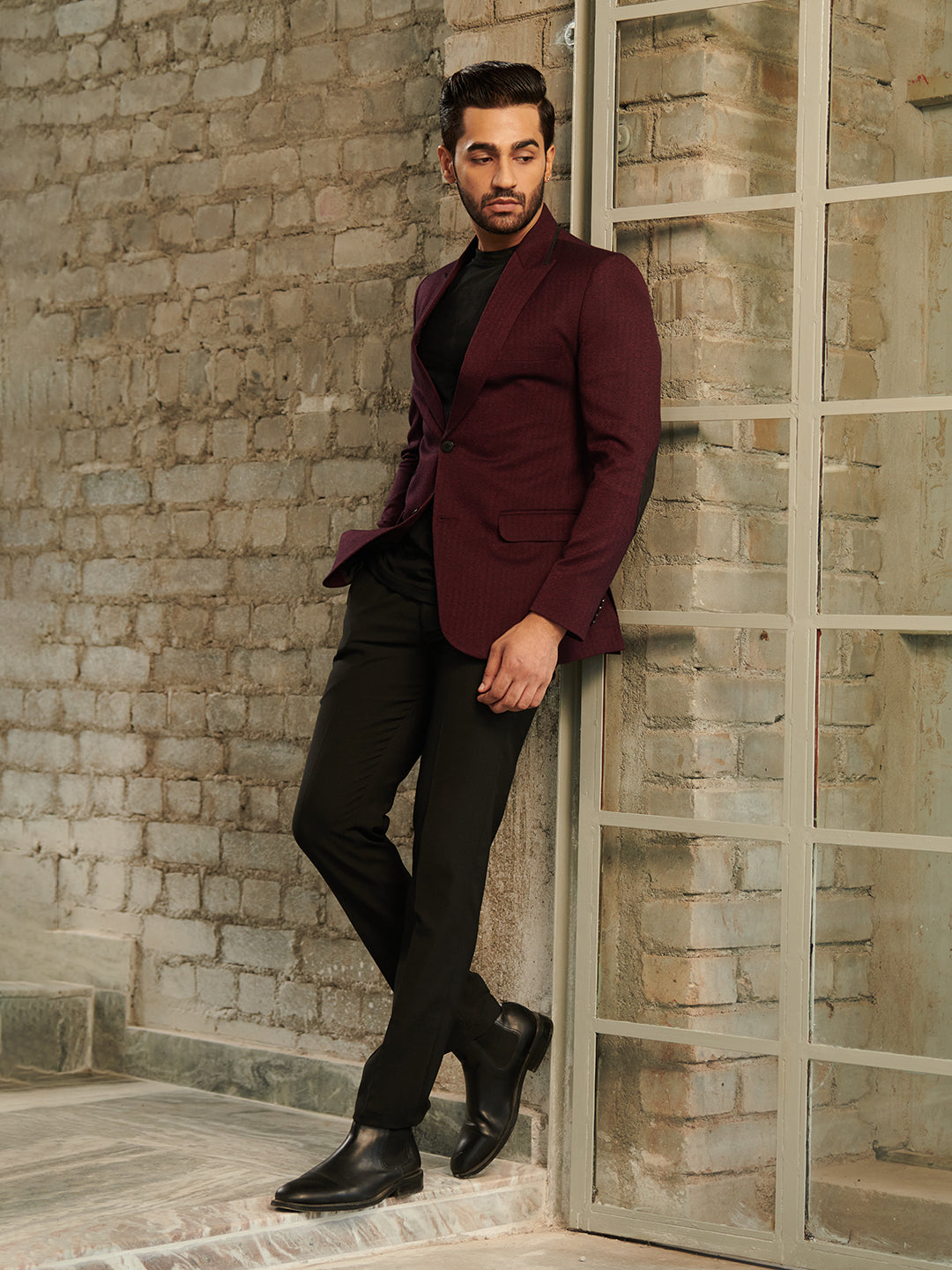 Maroon Blazer With Black T Shirt Rent Stylish Maroon Double Tweed