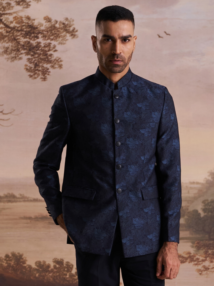 Blue Jacquard Slim Fit Mandarin Collar Bandhgala Blazer