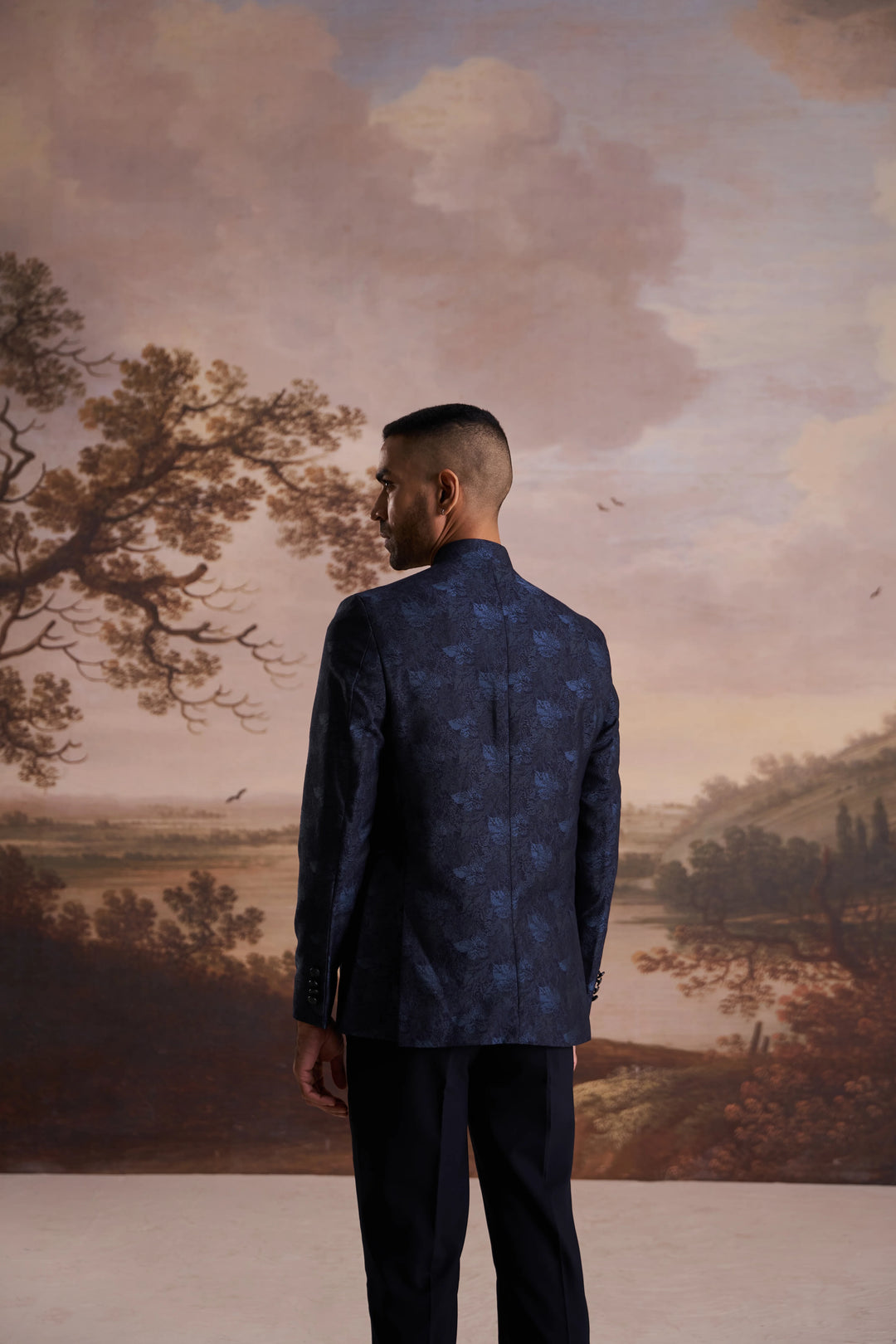 Blue Jacquard Slim Fit Mandarin Collar Bandhgala Blazer