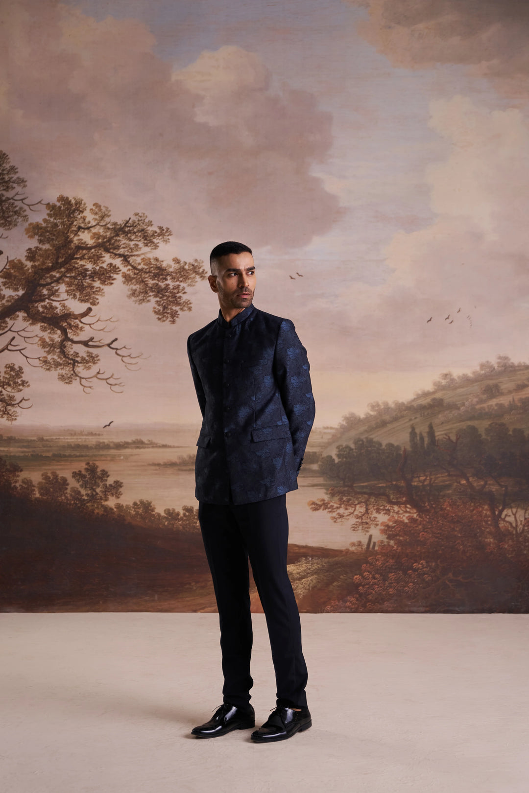 Blue Jacquard Slim Fit Mandarin Collar Bandhgala Blazer