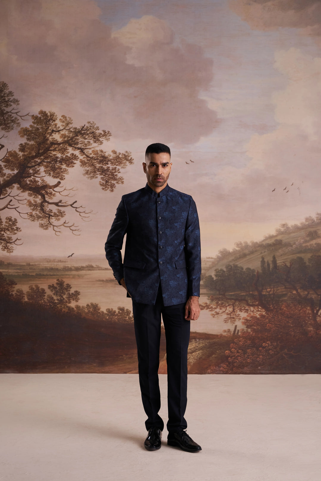 Blue Jacquard Slim Fit Mandarin Collar Bandhgala Blazer