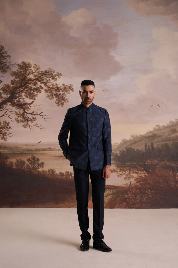 Blue Jacquard Slim Fit Mandarin Collar Bandhgala Blazer