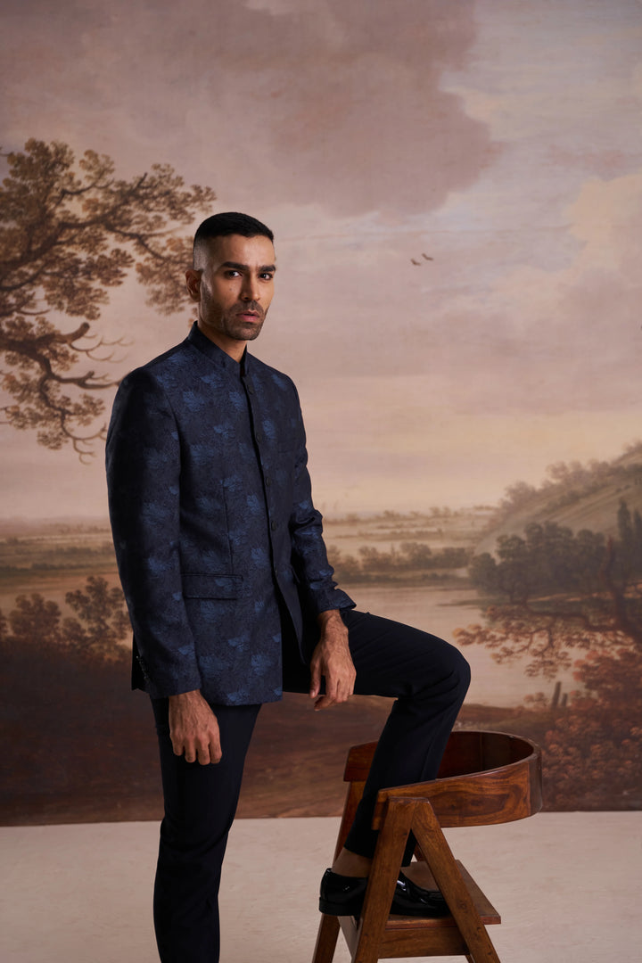 Blue Jacquard Slim Fit Mandarin Collar Bandhgala Blazer