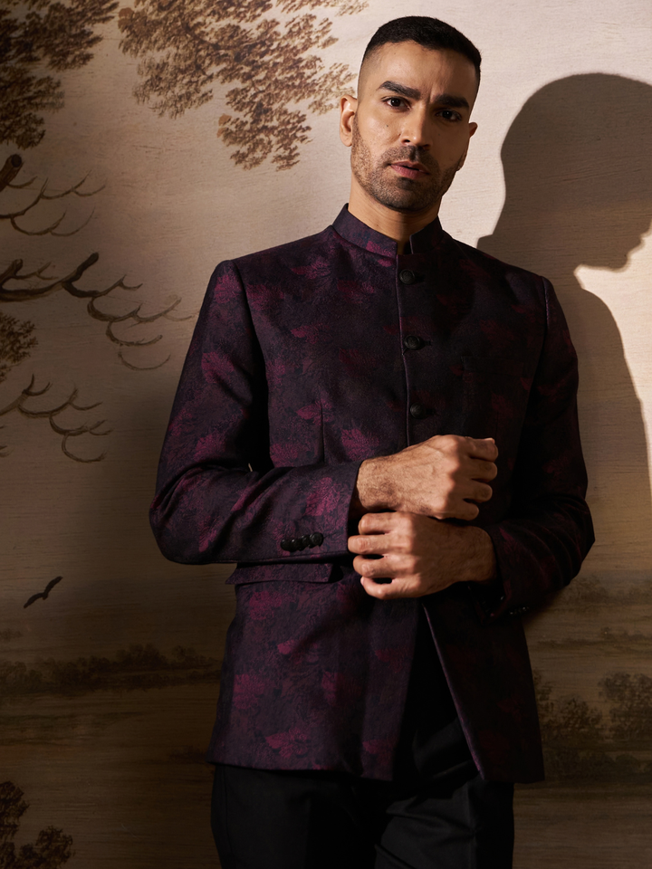 Pink Jacquard Slim Fit Mandarin Collar Bandhgala Blazer