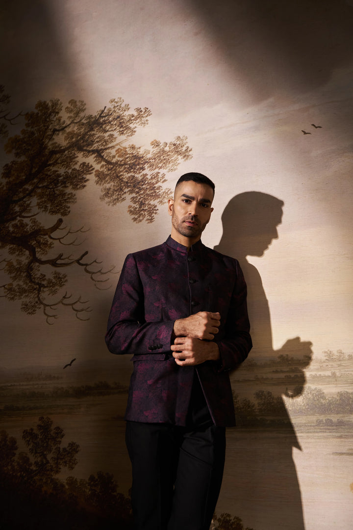 Pink Jacquard Slim Fit Mandarin Collar Bandhgala Blazer