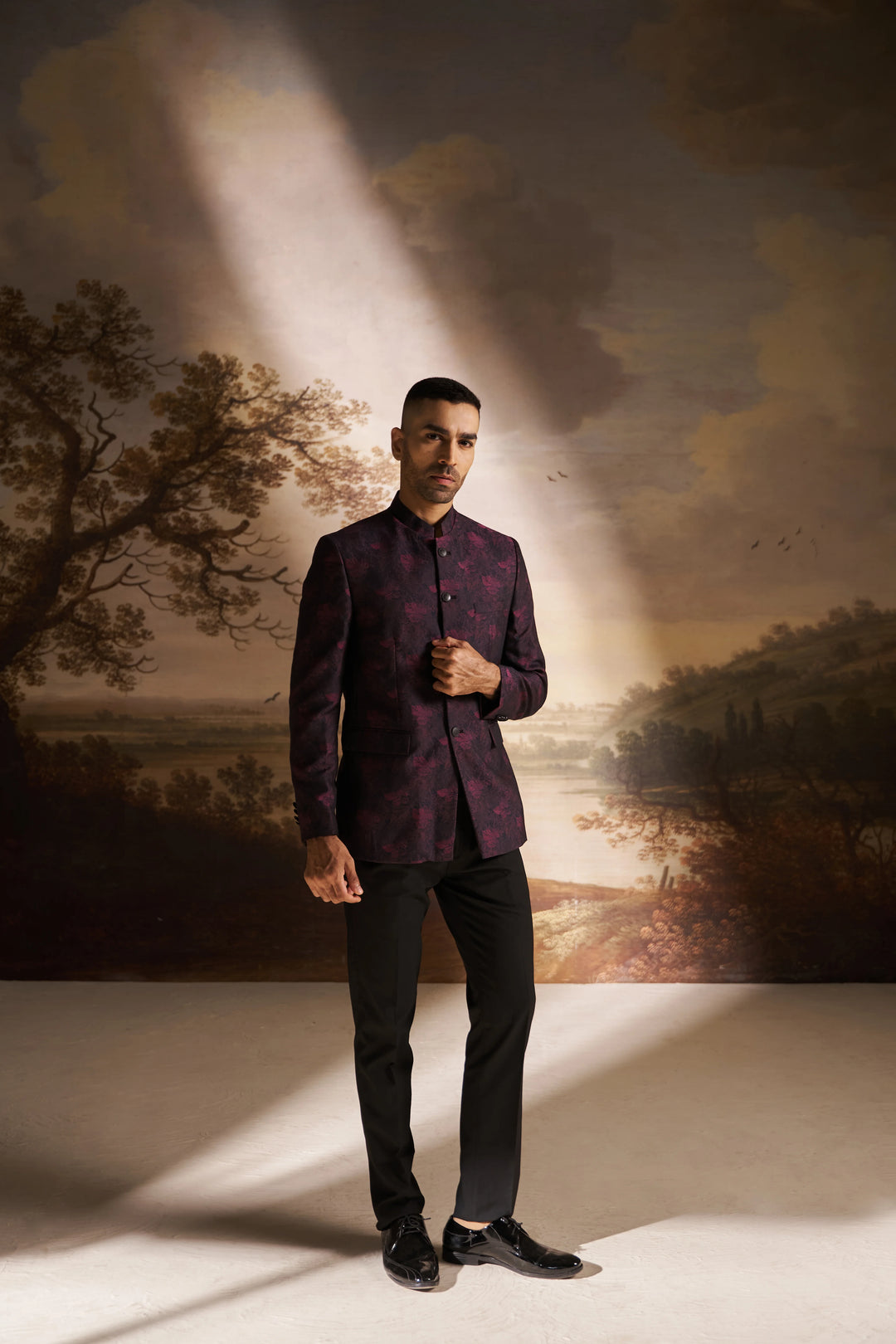 Pink Jacquard Slim Fit Mandarin Collar Bandhgala Blazer