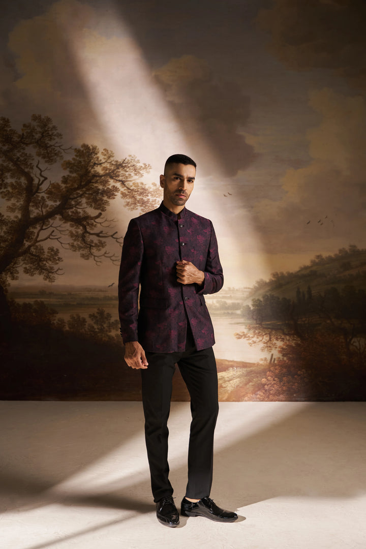 Pink Jacquard Slim Fit Mandarin Collar Bandhgala Blazer