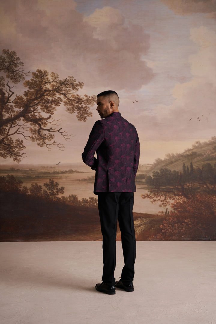 Pink Jacquard Slim Fit Mandarin Collar Bandhgala Blazer