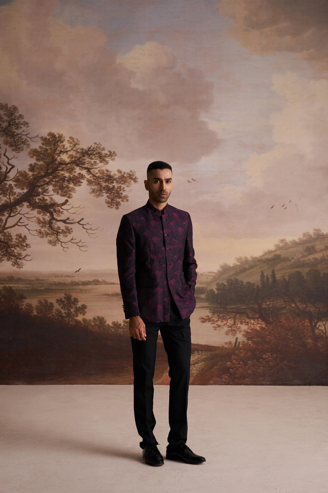 Pink Jacquard Slim Fit Mandarin Collar Bandhgala Blazer